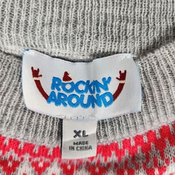 Rockin Around Ugly Sweater Christmas Dress Sweater Sheep Bell Gray Red Nordic XL - Picture 4 of 15